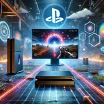 A high-definition, captivating image showcasing the PlayStation Portal prominently as the centerpiece. The device is streaming a visually stunning, action-packed game with vibrant graphics. The background features a futuristic gaming setup with glowing neon lights, digital cloud symbols, and a sleek, modern tech ambiance, highlighting innovation, accessibility, and the future of gaming.