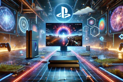 A high-definition, captivating image showcasing the PlayStation Portal prominently as the centerpiece. The device is streaming a visually stunning, action-packed game with vibrant graphics. The background features a futuristic gaming setup with glowing neon lights, digital cloud symbols, and a sleek, modern tech ambiance, highlighting innovation, accessibility, and the future of gaming.