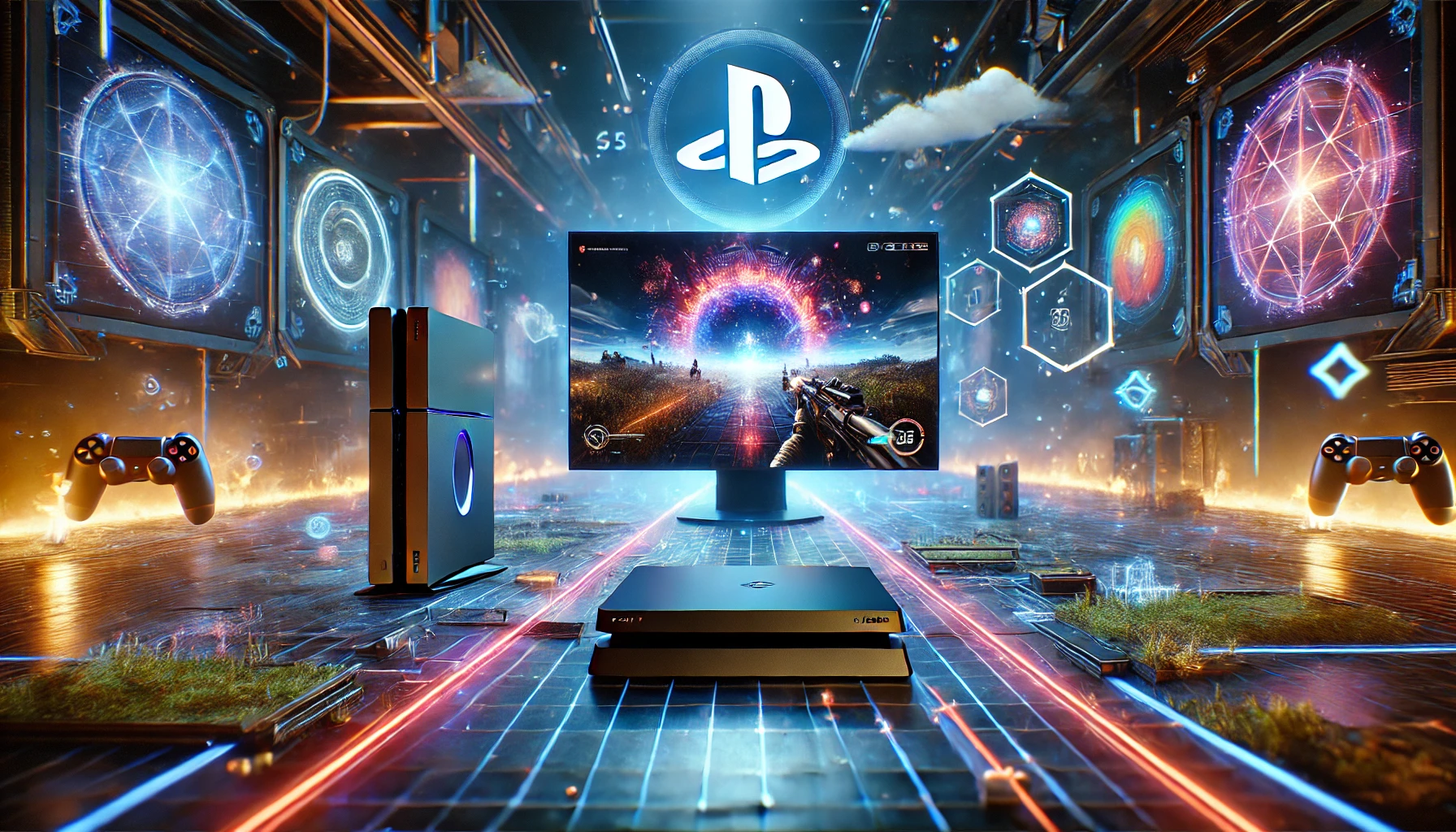 A high-definition, captivating image showcasing the PlayStation Portal prominently as the centerpiece. The device is streaming a visually stunning, action-packed game with vibrant graphics. The background features a futuristic gaming setup with glowing neon lights, digital cloud symbols, and a sleek, modern tech ambiance, highlighting innovation, accessibility, and the future of gaming.