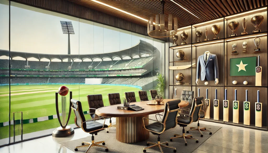 A professional cricket administration office environment showcasing a modern and sleek design. The setting includes a polished conference table, cricket memorabilia such as trophies and bats displayed elegantly, and large glass windows with a view of a cricket stadium in the background. The atmosphere reflects a sense of professionalism and innovation, symbolizing the modernization of cricket administration in Pakistan.